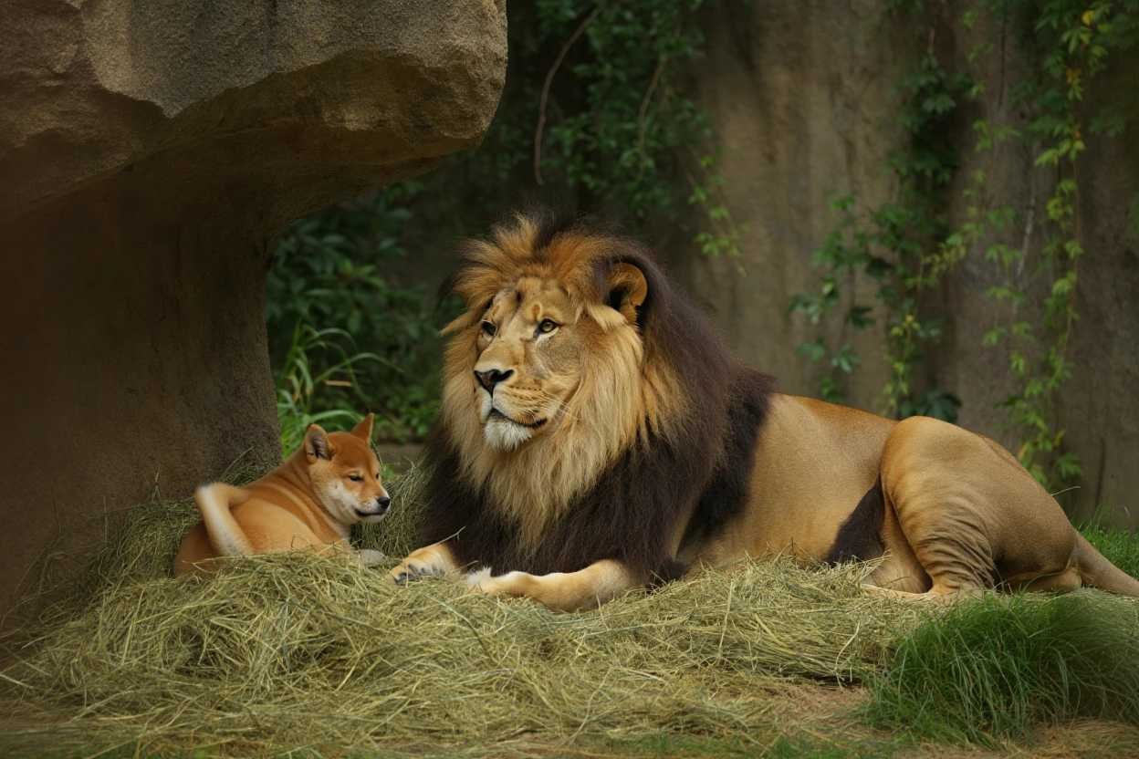 Puppy and lion cuddling in zoo enclosure