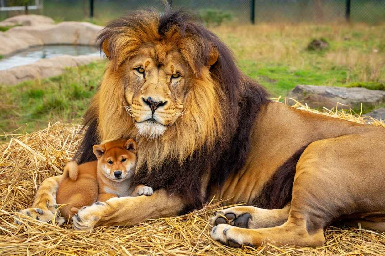 Lion bonding gently with small puppy