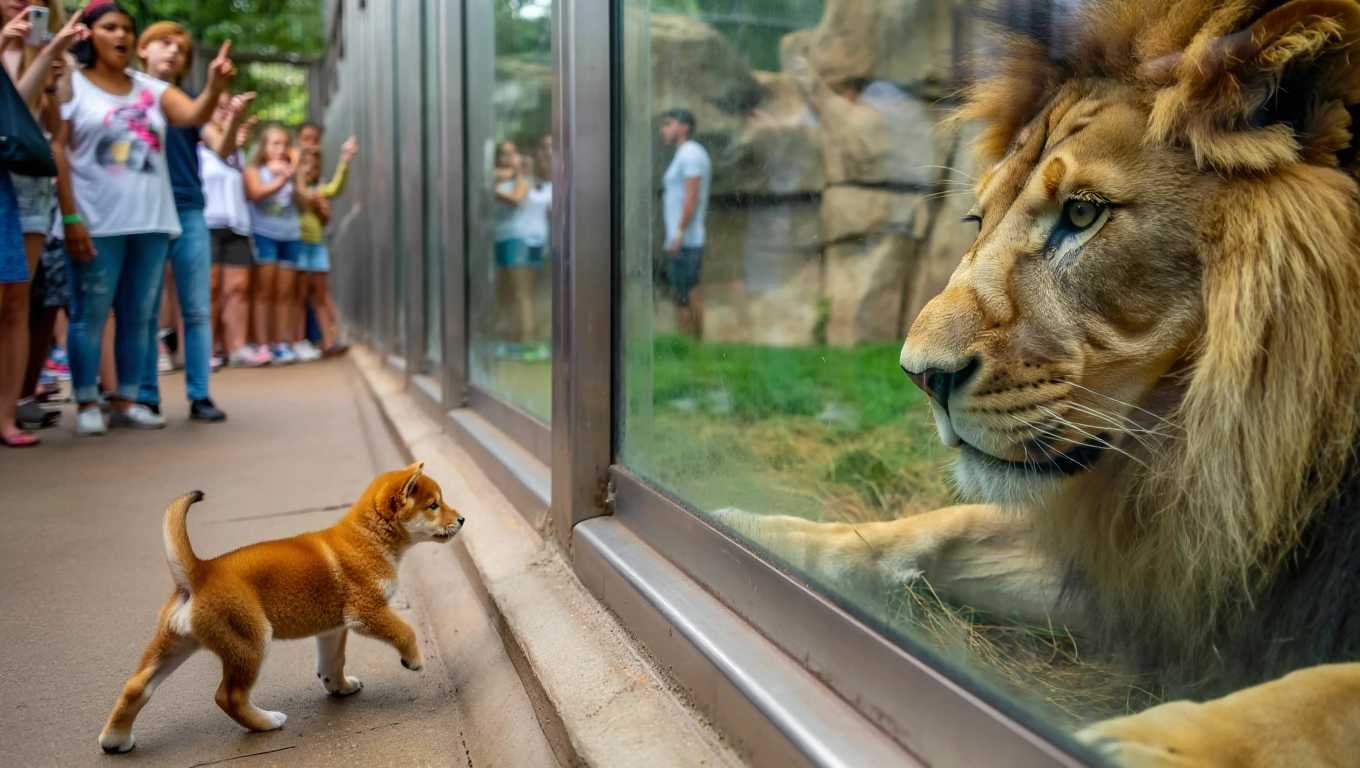 A small puppy enters lion enclosure at city zoo