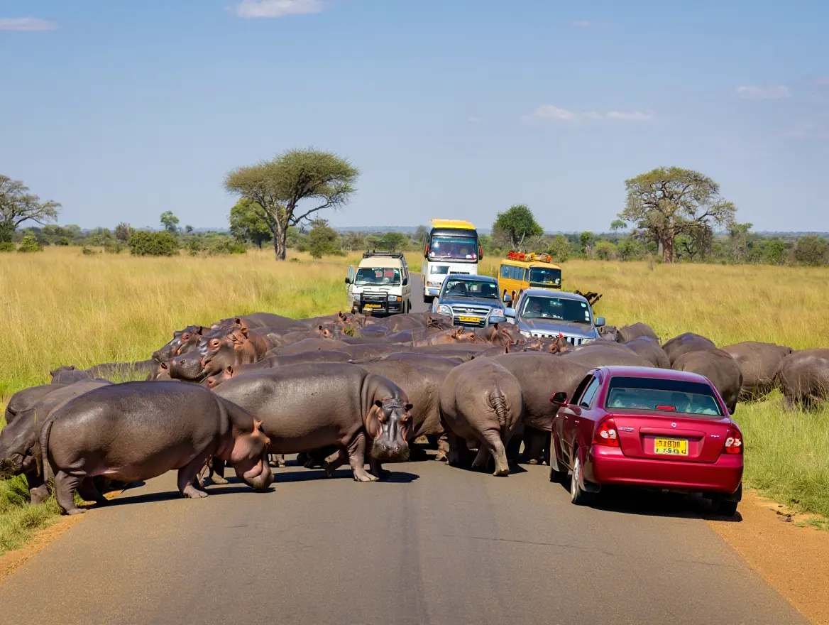 Rescuers lift baby warthog while hippos stand nearby